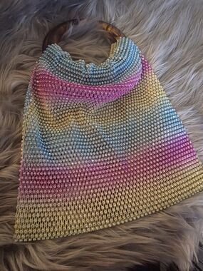 Sparkling Pastel Ombre Beaded Handbag with Wooden Handles